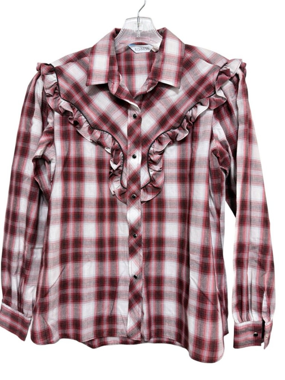 VTG Karman Women's Red Western Shirt Size 15/16 Ruffle Coquette Cowgirl Snap